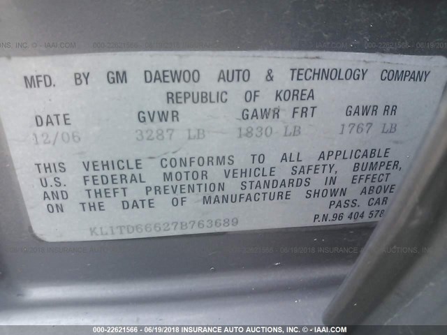 KL1TD66627B763689 - 2007 CHEVROLET AVEO LS GRAY photo 9