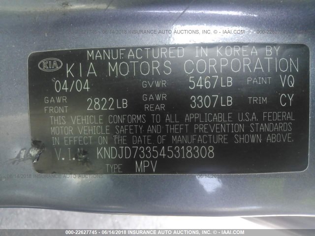 KNDJD733545318308 - 2004 KIA SORENTO EX/LX GRAY photo 9