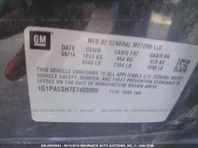 1G1PA5SH7E7403959 - 2014 CHEVROLET CRUZE LS GRAY photo 9