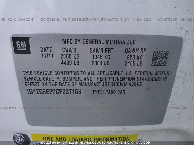 1G1ZC5E09CF227153 - 2012 CHEVROLET MALIBU 1LT 白色 照片 9