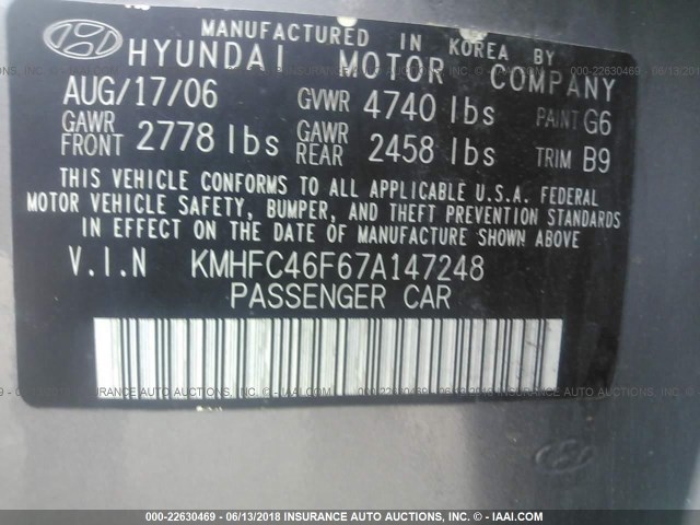 KMHFC46F67A147248 - 2007 HYUNDAI AZERA SE/LIMITED GRAY photo 9