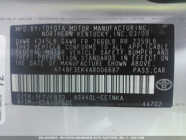 4T4BF3EK4AR006687 - 2010 TOYOTA CAMRY SE/LE/XLE 银色 照片 9