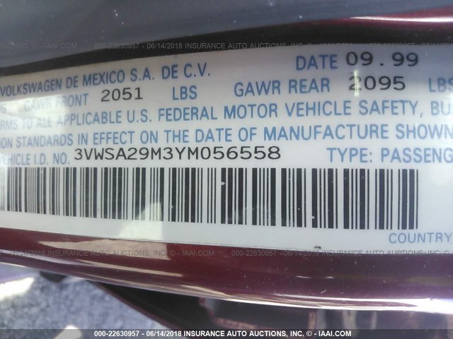 3VWSA29M3YM056558 - 2000 VOLKSWAGEN JETTA GLS RED photo 9