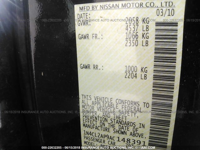 1N4CL2AP9AC148391 - 2010 NISSAN ALTIMA HYBRID BLACK photo 9