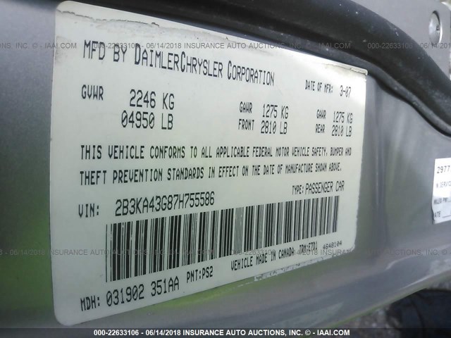 2B3KA43G87H755586 - 2007 DODGE CHARGER SE/SXT SILVER photo 9