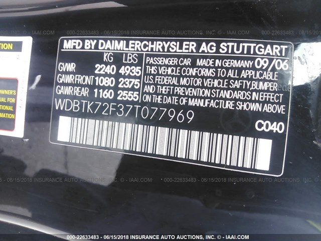 WDBTK72F37T077969 - 2007 MERCEDES-BENZ CLK 550 BLACK photo 9