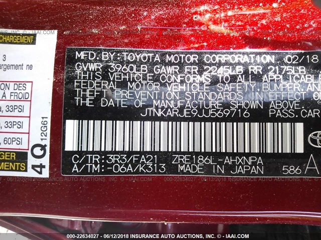 JTNKARJE9JJ569716 - 2018 TOYOTA COROLLA IM RED photo 9