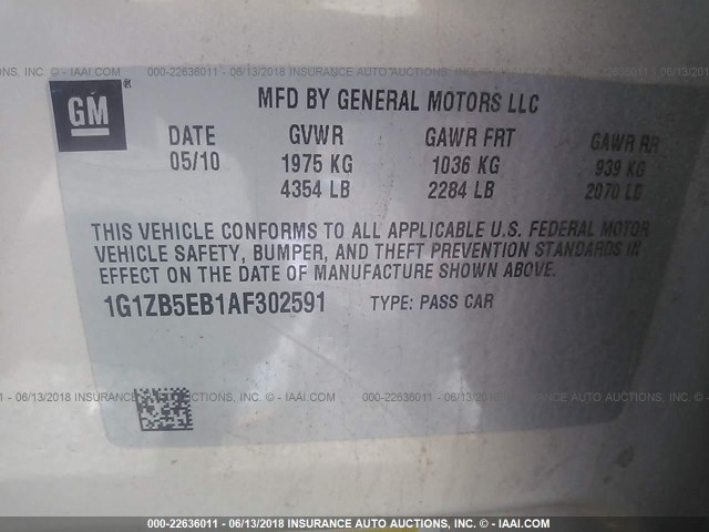 1G1ZB5EB1AF302591 - 2010 CHEVROLET MALIBU LS 棕色 照片 9