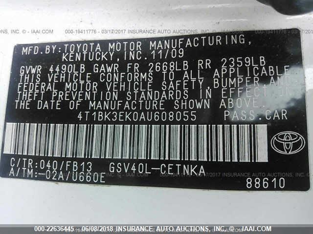 4T1BK3EK0AU608055 - 2010 TOYOTA CAMRY SE/LE/XLE WHITE photo 9