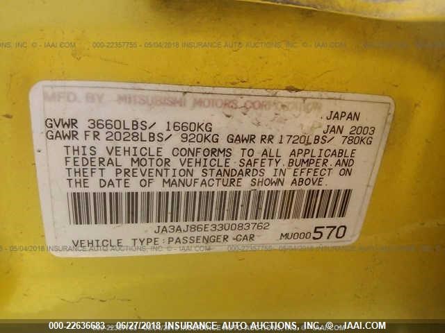 JA3AJ86E33U083762 - 2003 MITSUBISHI LANCER OZ RALLY YELLOW photo 9