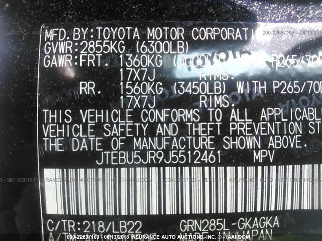 JTEBU5JR9J5512461 - 2018 TOYOTA 4RUNNER SR5 PREM/LTDL/TRAIL/TRD BLACK photo 9