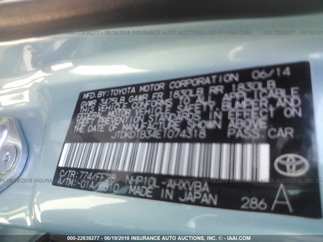 JTDKDTB34E1074318 - 2014 TOYOTA PRIUS C BLUE photo 9