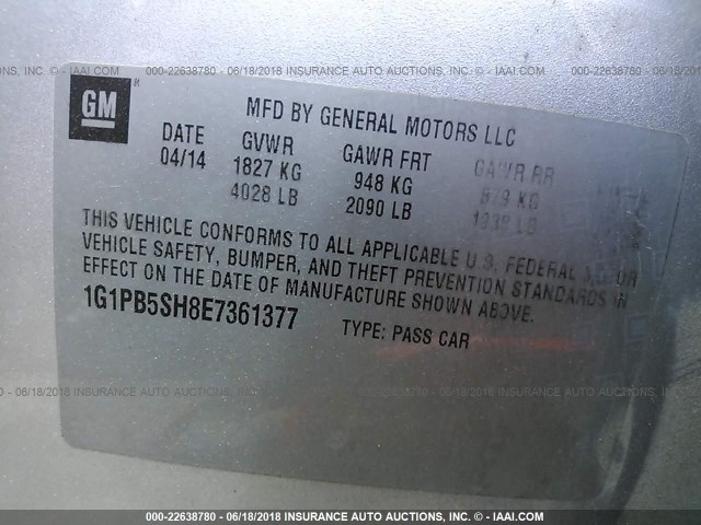 1G1PB5SH8E7361377 - 2014 CHEVROLET CRUZE LS SILVER photo 9