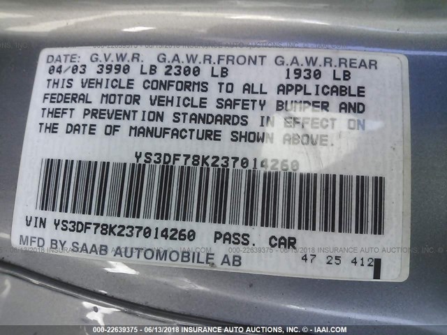 YS3DF78K237014260 - 2003 SAAB 9-3 SE SILVER photo 9