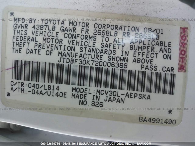 JTDBF30K720006388 - 2002 TOYOTA CAMRY LE/XLE/SE WHITE photo 9