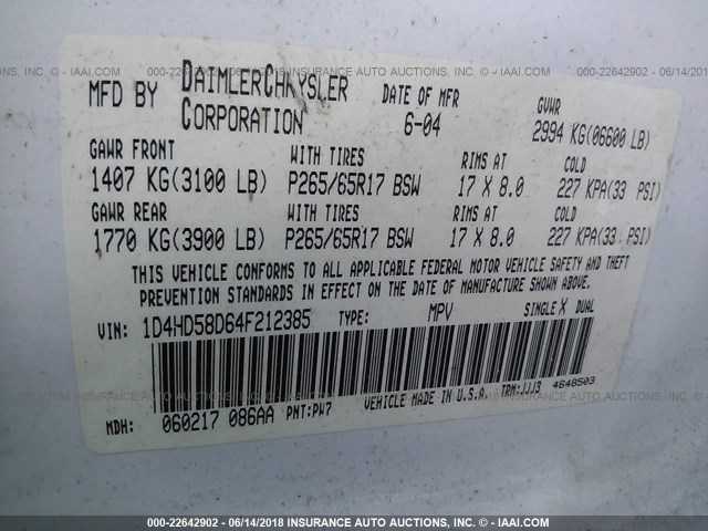 1D4HD58D64F212385 - 2004 DODGE DURANGO LIMITED WHITE photo 9