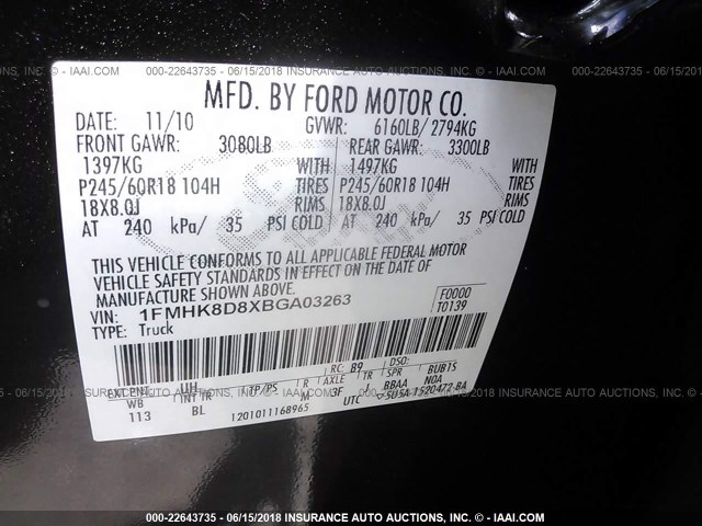 1FMHK8D8XBGA03263 - 2011 FORD EXPLORER XLT BLACK photo 9