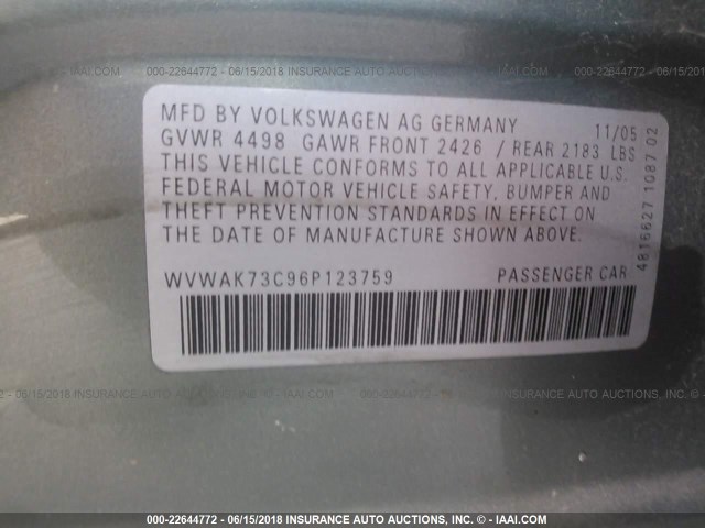 WVWAK73C96P123759 - 2006 VOLKSWAGEN PASSAT 2.0T/2.0T VALUE GREEN photo 9