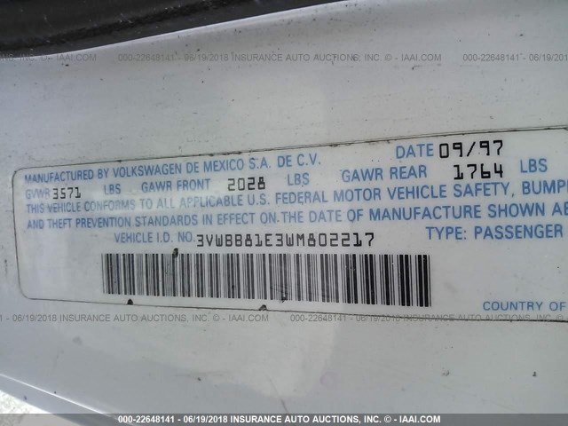 3VWBB81E3WM802217 - 1998 VOLKSWAGEN CABRIO GLS WHITE photo 9