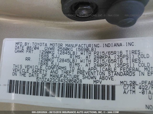 5TDZA23C84S206028 - 2004 TOYOTA SIENNA CE/LE GOLD photo 9