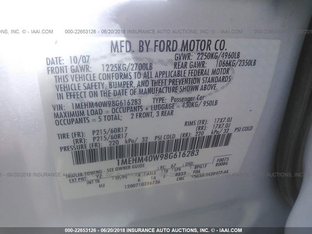 1MEHM40W98G616283 - 2008 MERCURY SABLE LUXURY WHITE photo 9