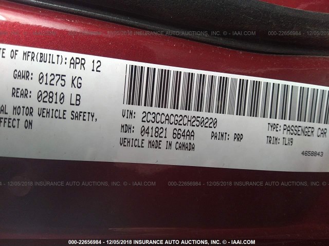 2C3CCACG2CH250220 - 2012 CHRYSLER 300 LIMITED BURGUNDY photo 9