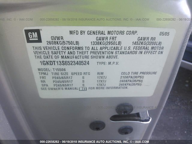 1GKDT13S652340524 - 2005 GMC ENVOY SILVER photo 9