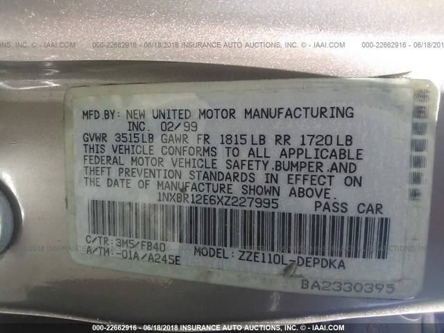 1NXBR12E6XZ227995 - 1999 TOYOTA COROLLA VE/CE/LE 灰色 照片 9