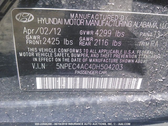 5NPEC4AC4DH504203 - 2013 HYUNDAI SONATA SE/LIMITED BLACK photo 9