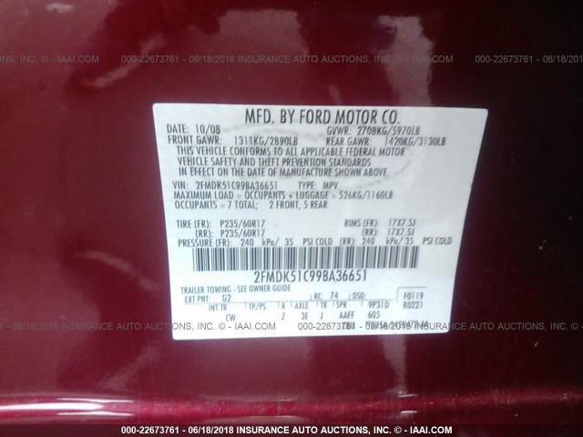 2FMDK51C99BA36651 - 2009 FORD FLEX SE RED photo 9