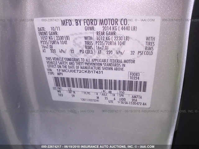 1FMCU0E72CKB17431 - 2012 FORD ESCAPE LIMITED SILVER photo 9