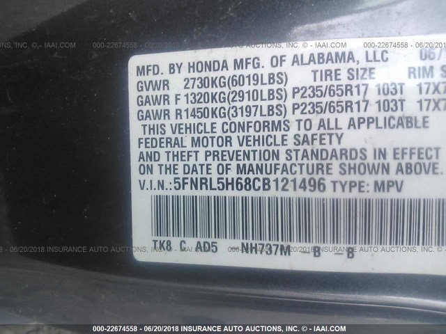 5FNRL5H68CB121496 - 2012 HONDA ODYSSEY EXL GRAY photo 9