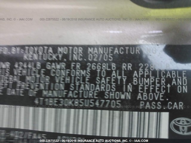 4T1BE30K85U547705 - 2005 TOYOTA CAMRY LE/XLE/SE BEIGE photo 9