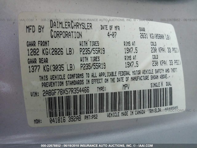 2A8GF78X57R354466 - 2007 CHRYSLER PACIFICA LIMITED SILVER photo 9
