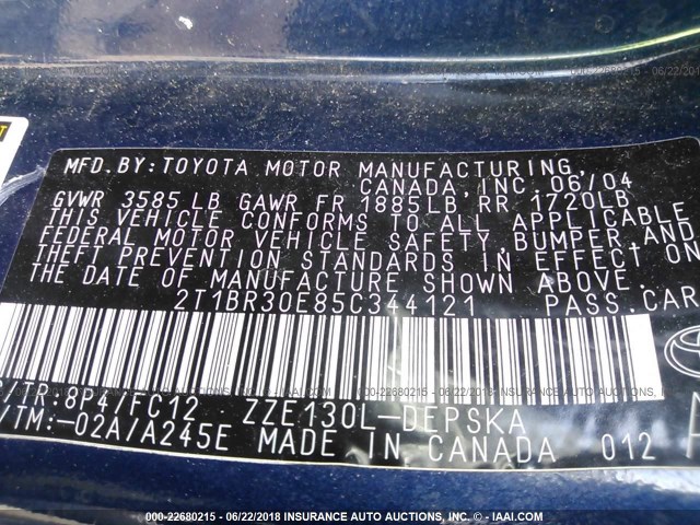 2T1BR30E85C344121 - 2005 TOYOTA COROLLA CE/LE/S BLUE photo 9