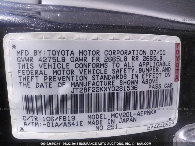 JT2BF22KXY0281536 - 2000 TOYOTA CAMRY CE/LE/XLE BLACK photo 9