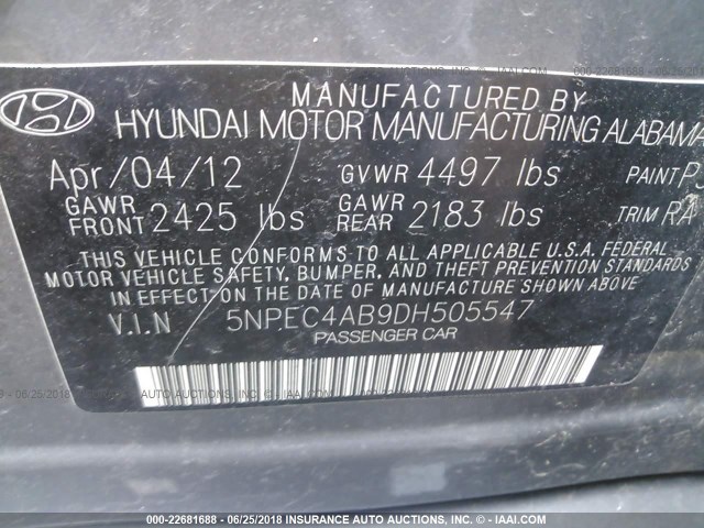 5NPEC4AB9DH505547 - 2013 HYUNDAI SONATA SE/LIMITED GRAY photo 9