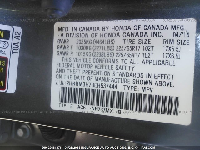 2HKRM3H70EH537444 - 2014 HONDA CR-V EXL GRAY photo 9