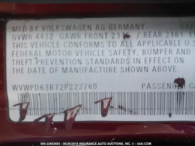 WVWPD63B72P222760 - 2002 VOLKSWAGEN PASSAT GLS MAROON photo 9