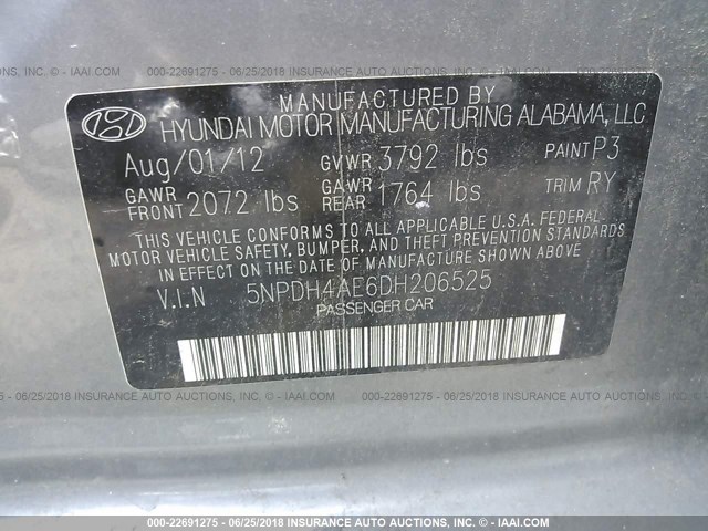 5NPDH4AE6DH206525 - 2013 HYUNDAI ELANTRA GLS/LIMITED GRAY photo 9