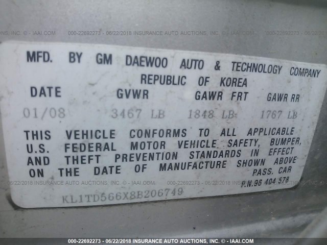 KL1TD566X8B206749 - 2008 CHEVROLET AVEO LS SILVER photo 9