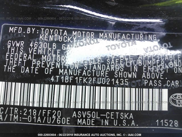4T1BF1FK2FU021435 - 2015 TOYOTA CAMRY LE/XLE/SE/XSE 黑色 照片 9