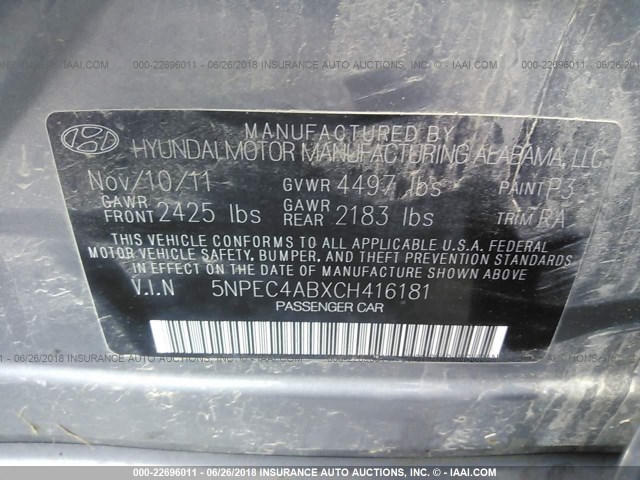 5NPEC4ABXCH416181 - 2012 HYUNDAI SONATA SE/LIMITED GRAY photo 9