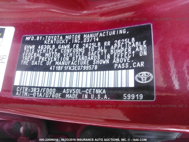 4T1BF1FK3EU799578 - 2014 TOYOTA CAMRY L/SE/LE/XLE 红色 照片 9