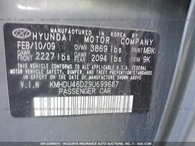 KMHDU46D29U699687 - 2009 HYUNDAI ELANTRA GRAY photo 9