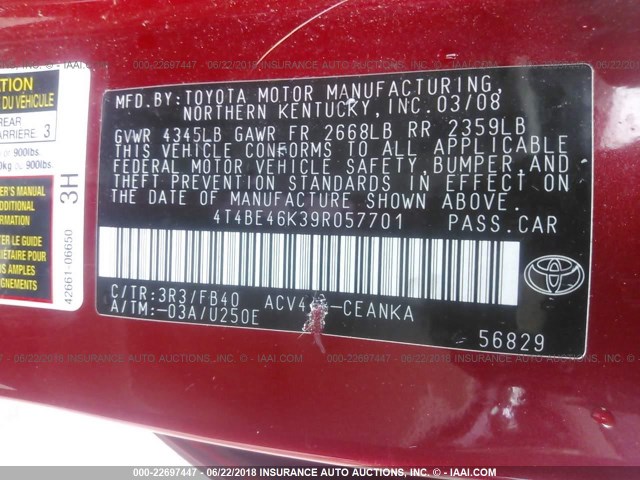 4T4BE46K39R057701 - 2009 TOYOTA CAMRY SE/LE/XLE 红色 照片 9