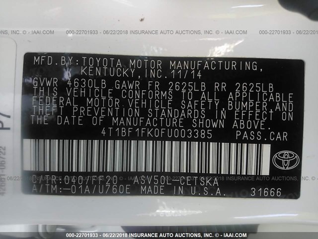 4T1BF1FK0FU003385 - 2015 TOYOTA CAMRY LE/XLE/SE/XSE WHITE photo 9