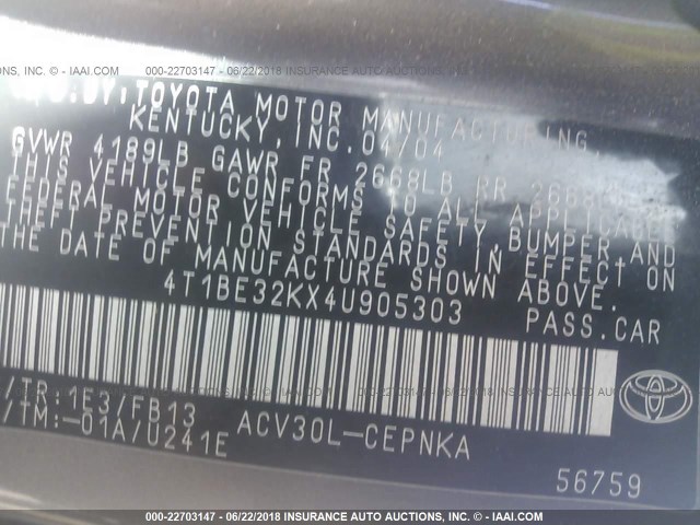 4T1BE32KX4U905303 - 2004 TOYOTA CAMRY LE/XLE/SE GRAY photo 9