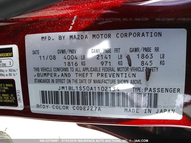 JM1BL1S50A1102134 - 2010 MAZDA 3 S RED photo 9