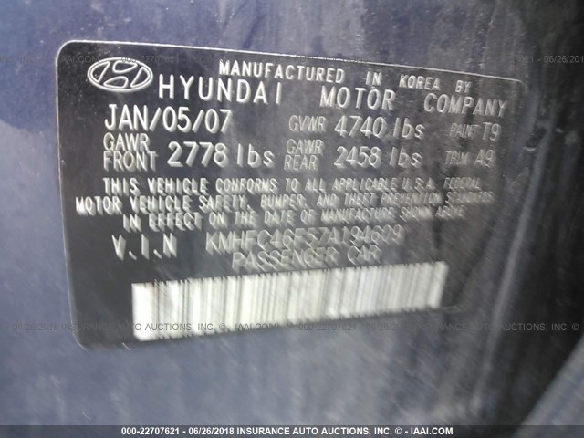 KMHFC46F57A194609 - 2007 HYUNDAI AZERA SE/LIMITED BLUE photo 9